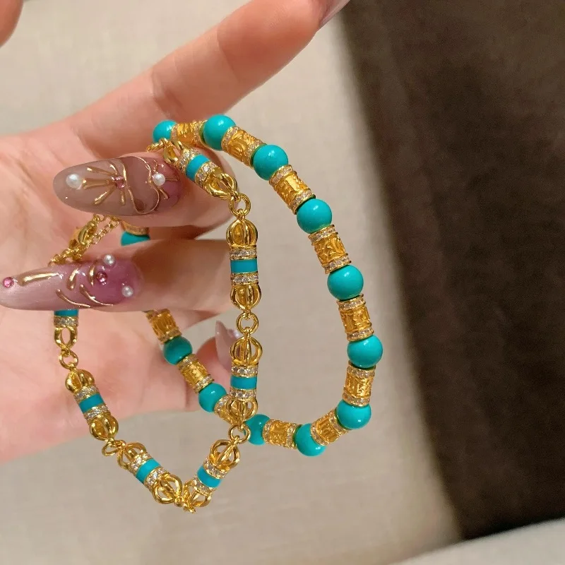 

Turquoise Mantra Vajra Bracelet – Chinese Style Ancient Craftsmanship for Balancing Solar Plexus Chakra & Personal Power