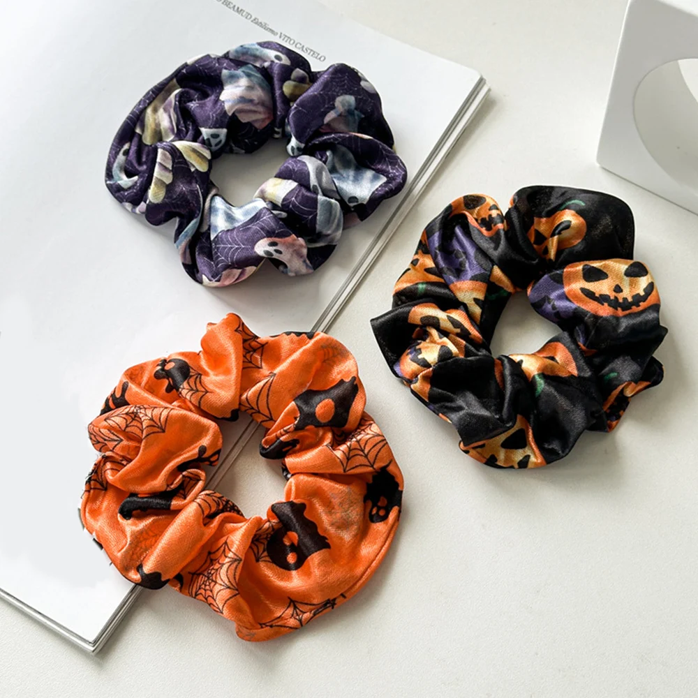 

Halloween Women Soft Rubber Hair Ties Pumpkin Bat Pattern Hair Rope Ponytail Holder Horror Skull High Elastic Hair Scrunchies