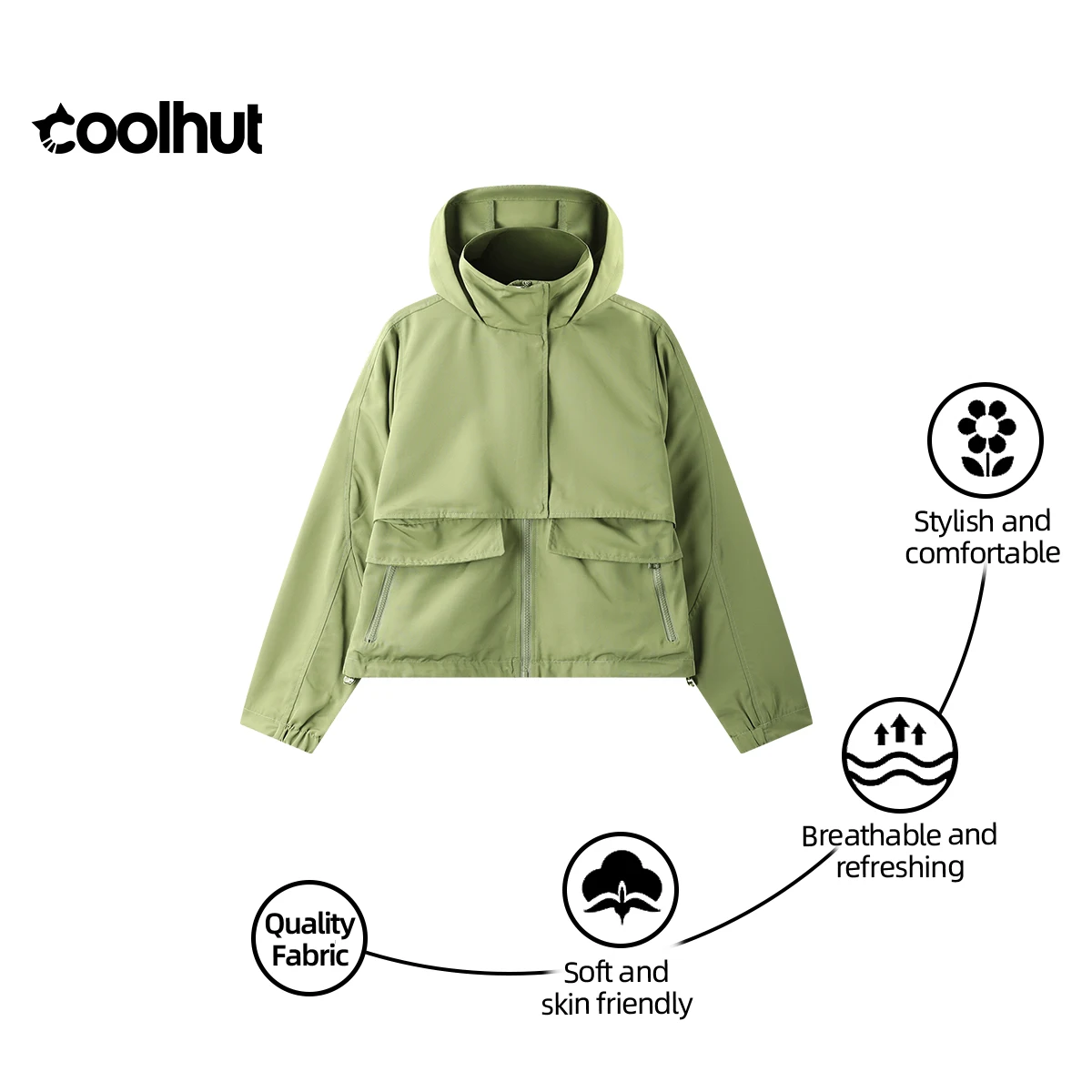 

COOLHUT 2025 Women's Hooded Outdoor Jacket Summer Sun Protection Multi-Pocket Casual Windbreaker Utility Streetwear Lightweight