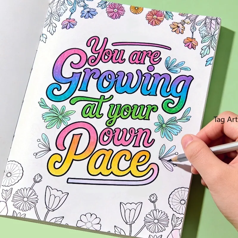 A Positive Energy Inspirational Quote Coloring Picture Book, Bubble English Floral Font, Fine Line Manuscript Coloring, 32 Pages