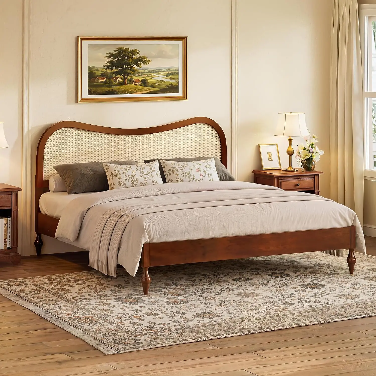 Rattan King Bed Frame Curved Headboard Walnut Finish, Customized
