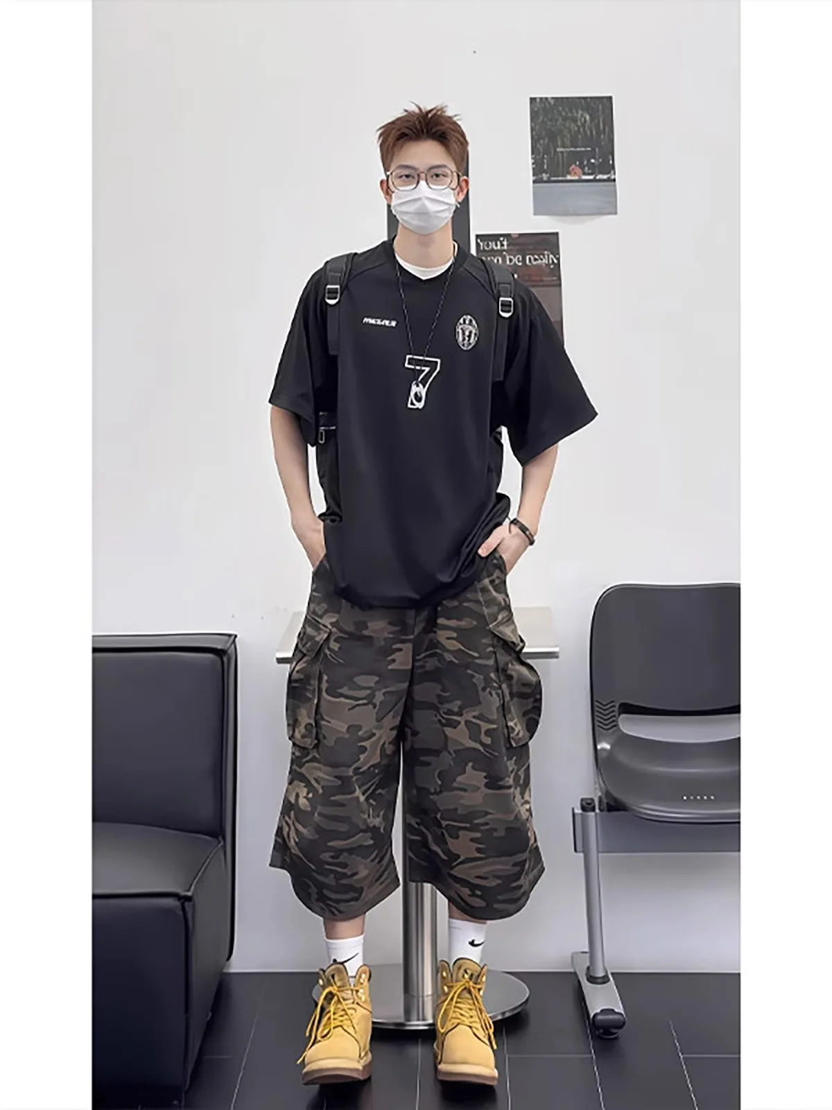 American Cleanfit Camouflage Seven-Quarter Denim Shorts Straight Leg Multi-Pocket Workwear Pants Wide Leg for Teenage Boys