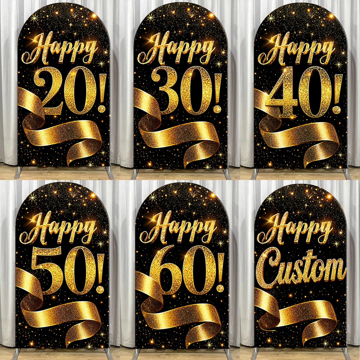 

Custom Black Gold Birthday Arch Backdrop Cover Glitter Ribbon Fabric Personalized Age Party Adult Celebration Milestone Events