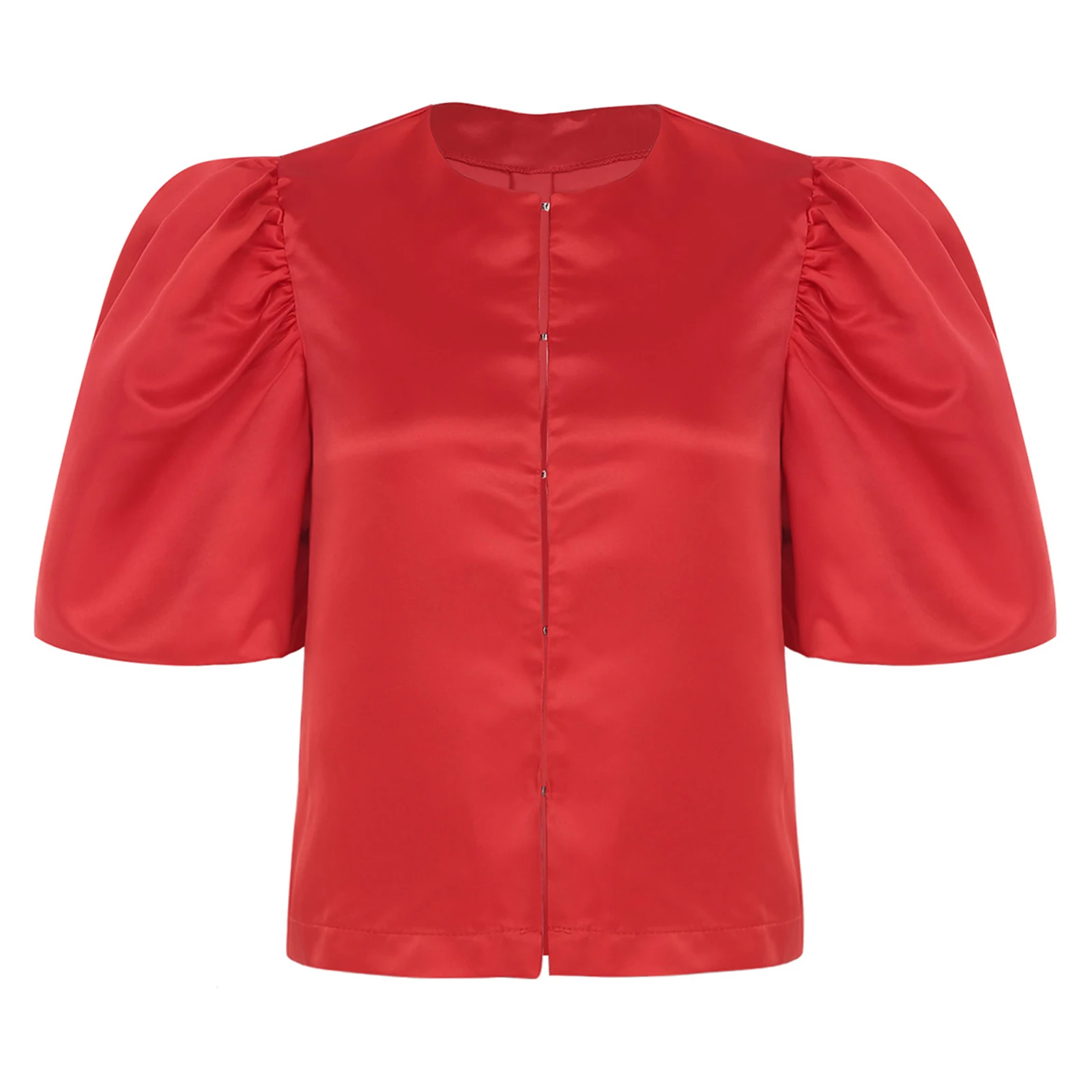 Jaket Wanita Mantel Warna Solid Blus Satin Lengan Pendek Mengembang Kemeja Cardigan Pendek untuk Kerja Kantor Makan Malam Perjamuan Atasan Wanita