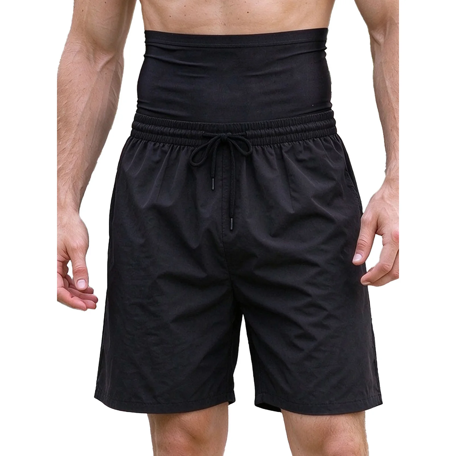Men Drawstring High Waist Tummy Control Quick Dry Swim Trunk Body Shape Shorts Shapewear Sports Workout Beach Surfing Clothing