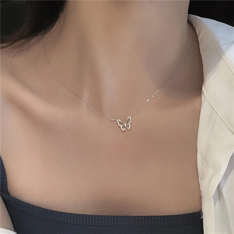 

S925 Silver Plated 14K Gold Korean Style Ins Elegant Butterfly Pendant Clawbone Chain Necklace Girlfriend Birthday Gift Jewelry