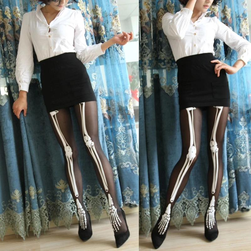 Halloween Legging Skeleton Cosplay Socks Tights Women Japanese Creativity Funny Stockings Bone Socks Nylon for Party Bar