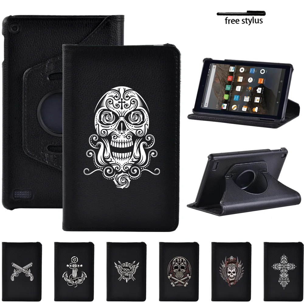 360 Degree Rotating Tablet Protect Case for Fire 7 5th 7th 9th Gen 2015 2017 2019 Skull Print Shockproof Stand Protective Cover