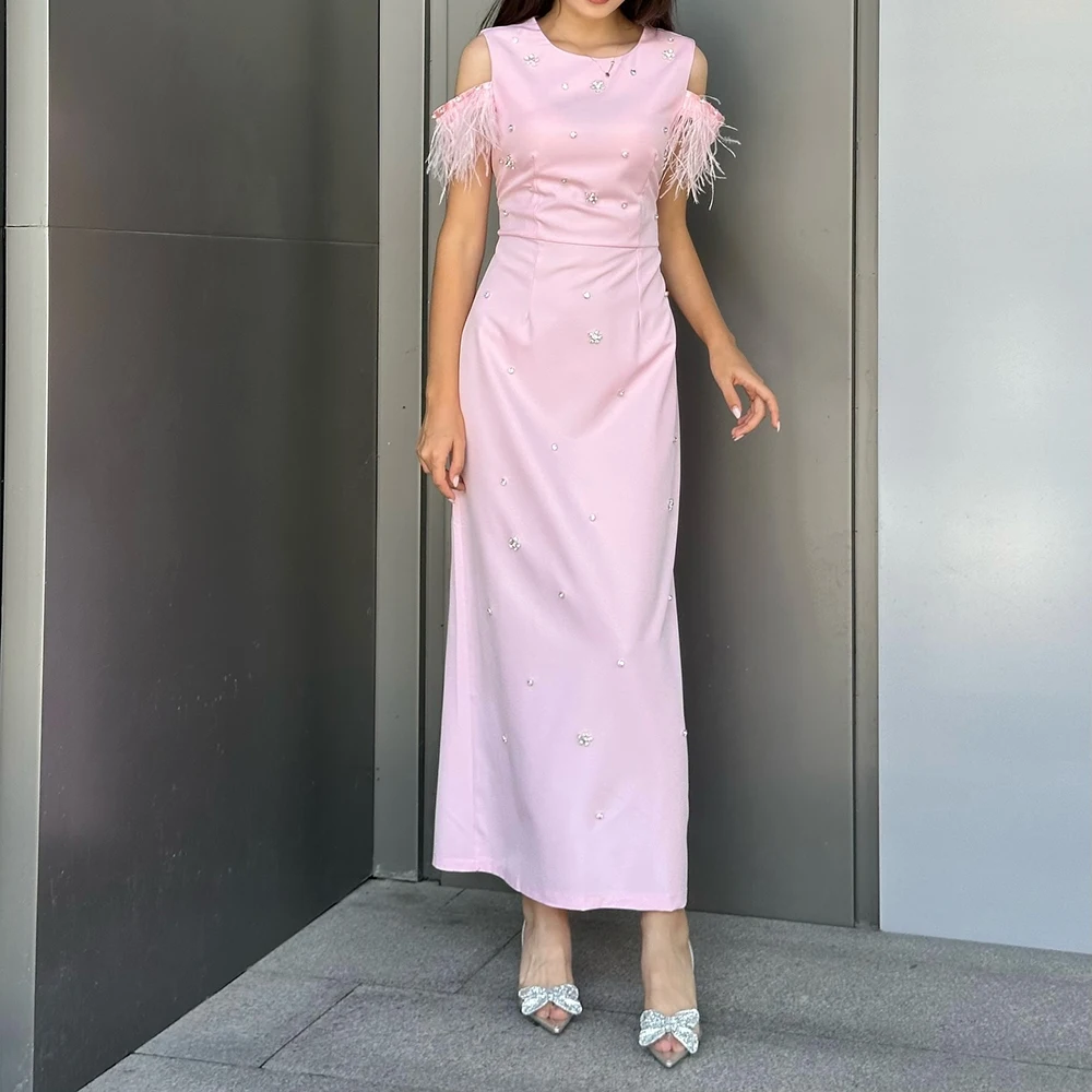 Customized A-line Evening Dresses Ankle-length O-neck Sleeveless Prom Gown Fashion Crystal Tassel Simple Draped Party Gown