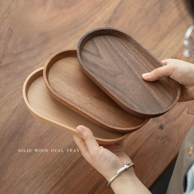 Traditional Japanese Oval Wood Storage Tray Premium Solid Black Walnut Perfect for Afternoon Tea Dessert Service