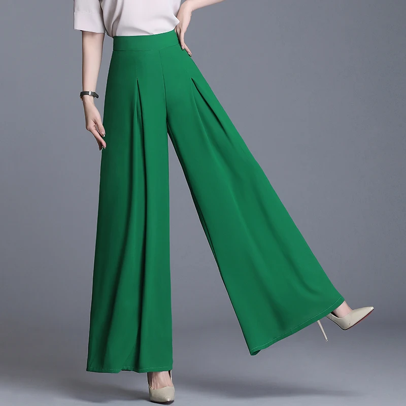 Women Casual Loose Chiffon Wide Leg Pants Summer High Waist Wide Leg Trousers Women Vintage Pleated Black Long Pants