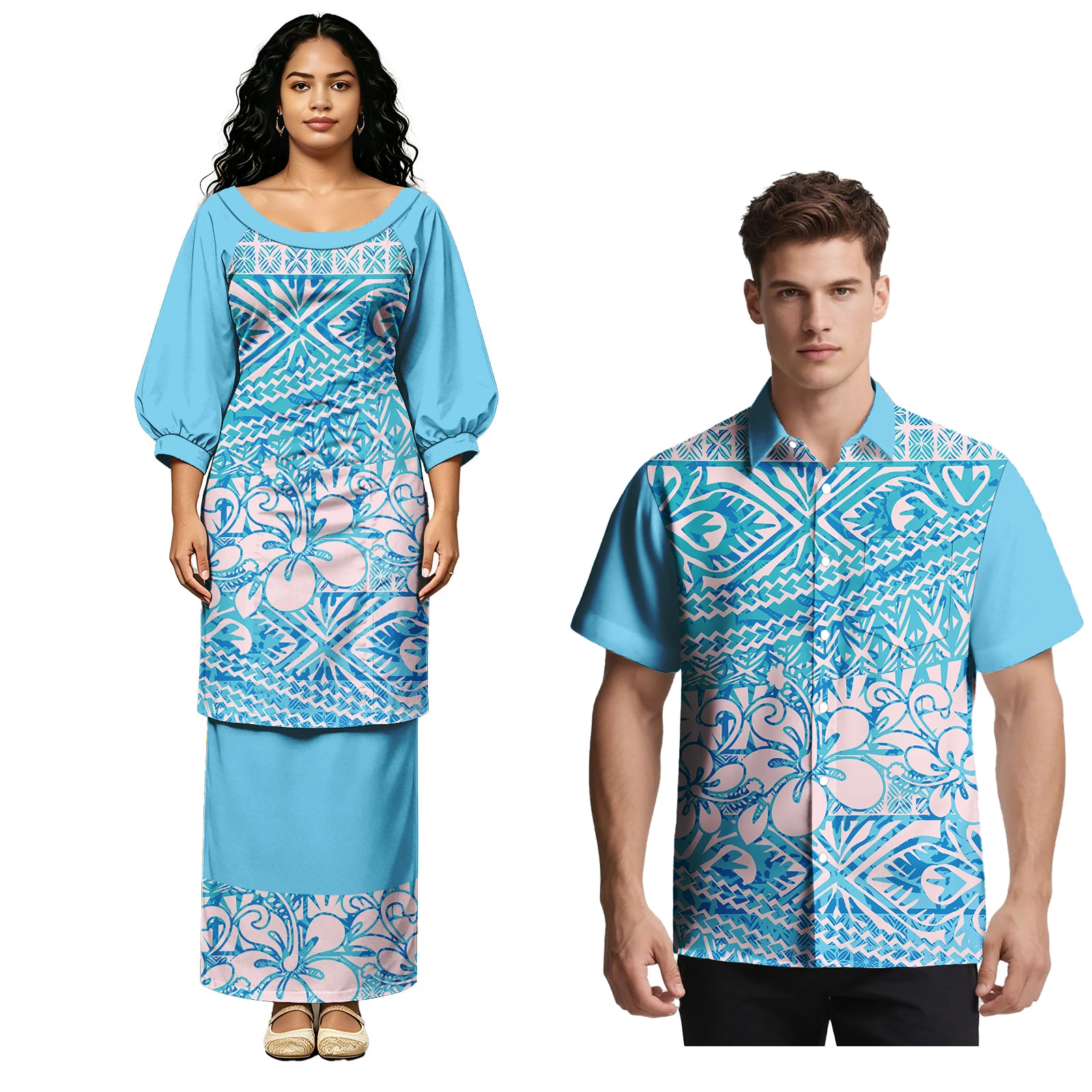 Conjunto de 2 piezas de moda 2026: Camisas de diseño polinesio para fiesta/baile de graduación para hombre y Puletasi tribal samoano para mujer, atuendos a juego para parejas hawaianos.