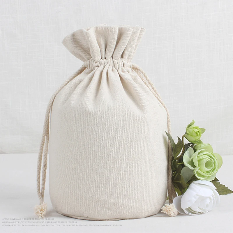 Large Capacity Cotton Linen Drawstring Bag Round Bottom Rice Grain Flour Food Storage Bags Household Sundries Packaging Sacks