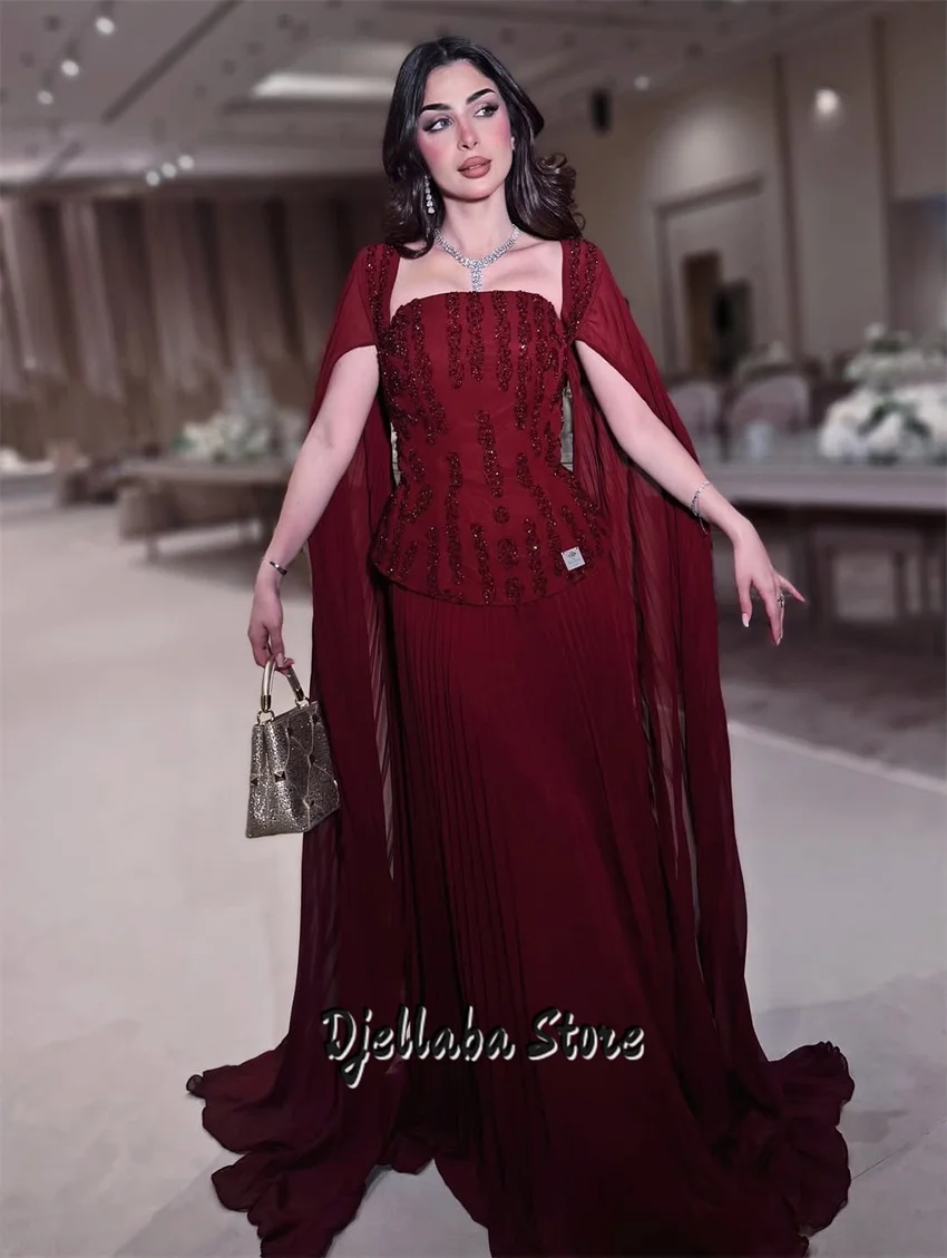 

Luxury Red Evening Dresses Beads Crystals Birthday Party Dress For Formal Prom Party Gown With Cape Vestidos Customized