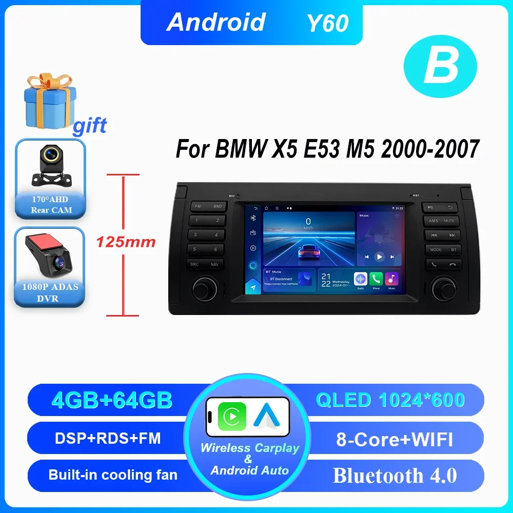 7 Inch Draadloze CarPlay Android Auto Radio Voor BMW 5 Serie E39 X5 E53 M5 1996-2003 Auto multimedia GPS 2din DVD Autoradio 4G DSP