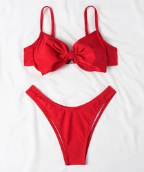 2023 Two Pieces Sexy Bikini Sets Red Bow High Cut Women Swimsuits Sexy Thong Biquini Mujer Split Swimwear Bathers Bathing Suit