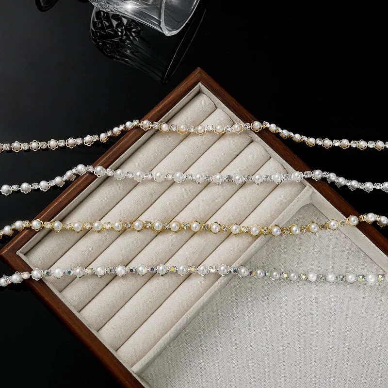 New Four-color Pearl Rhinestone Chain  Handmade Wedding Dress Accessories, Decorations, Clothing, Shoes, Hats, Bags Accessories