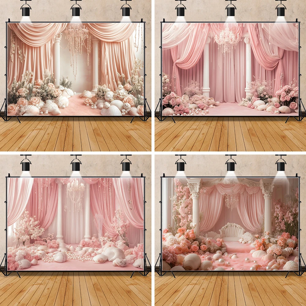 Pink Undersea Palace Photography Background Princess Mermaid Shell Chandelier Flowers Pearls Wedding Birthday Party Backdrop