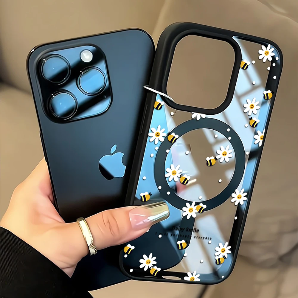 Funda Transparente Magnética Fresh Daisy Bee para iPhone 16 15 14 Plus Air, Compatible con Magsafe, para iPhone 13 15 16 17 14 12 11 Pro Max