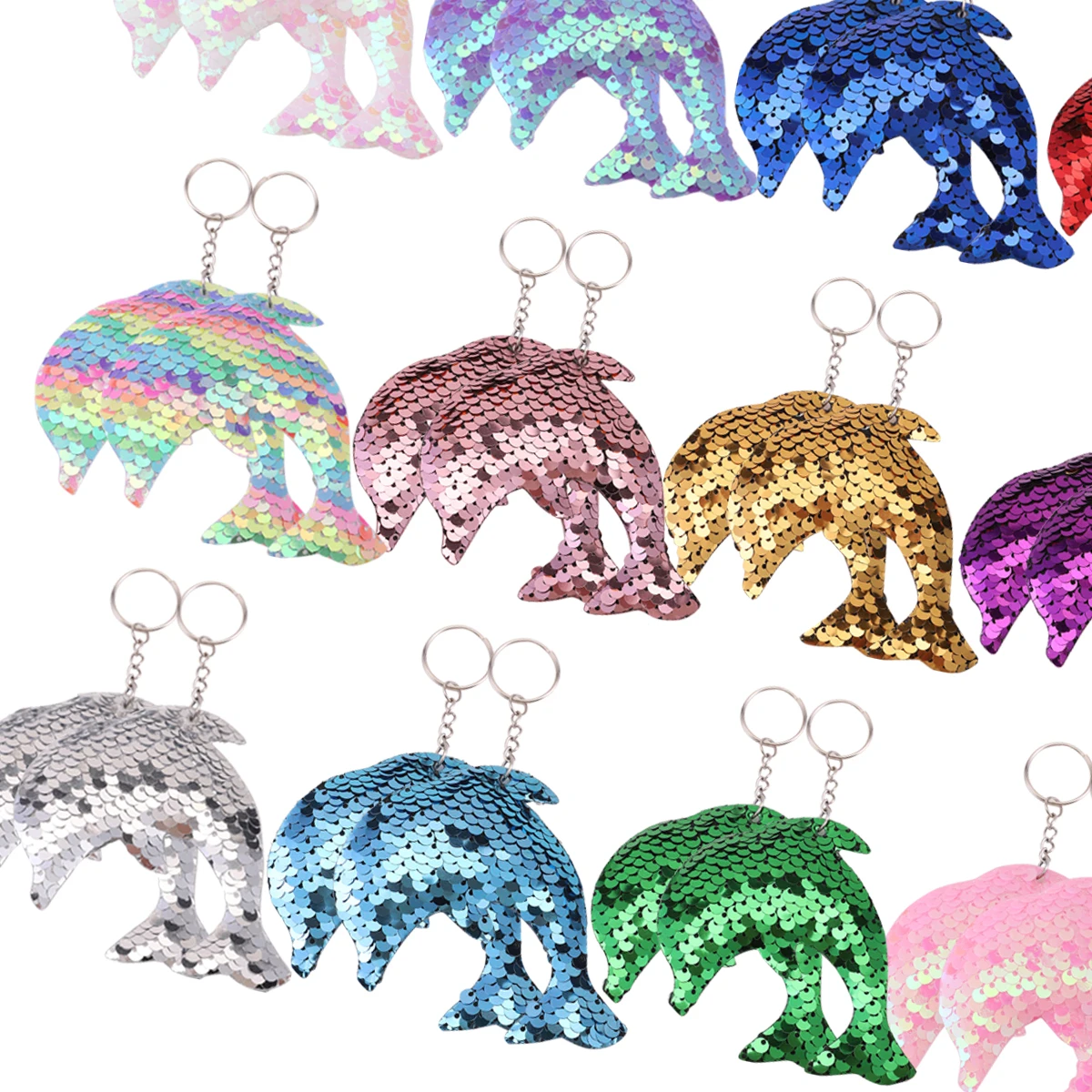 24Pcs Cartoon Dolphin Sequin Keychains, Sparkling Flip Sequin Ocean-Themed Key Rings, Starfish Turtle Fish Tail Animal Shapes