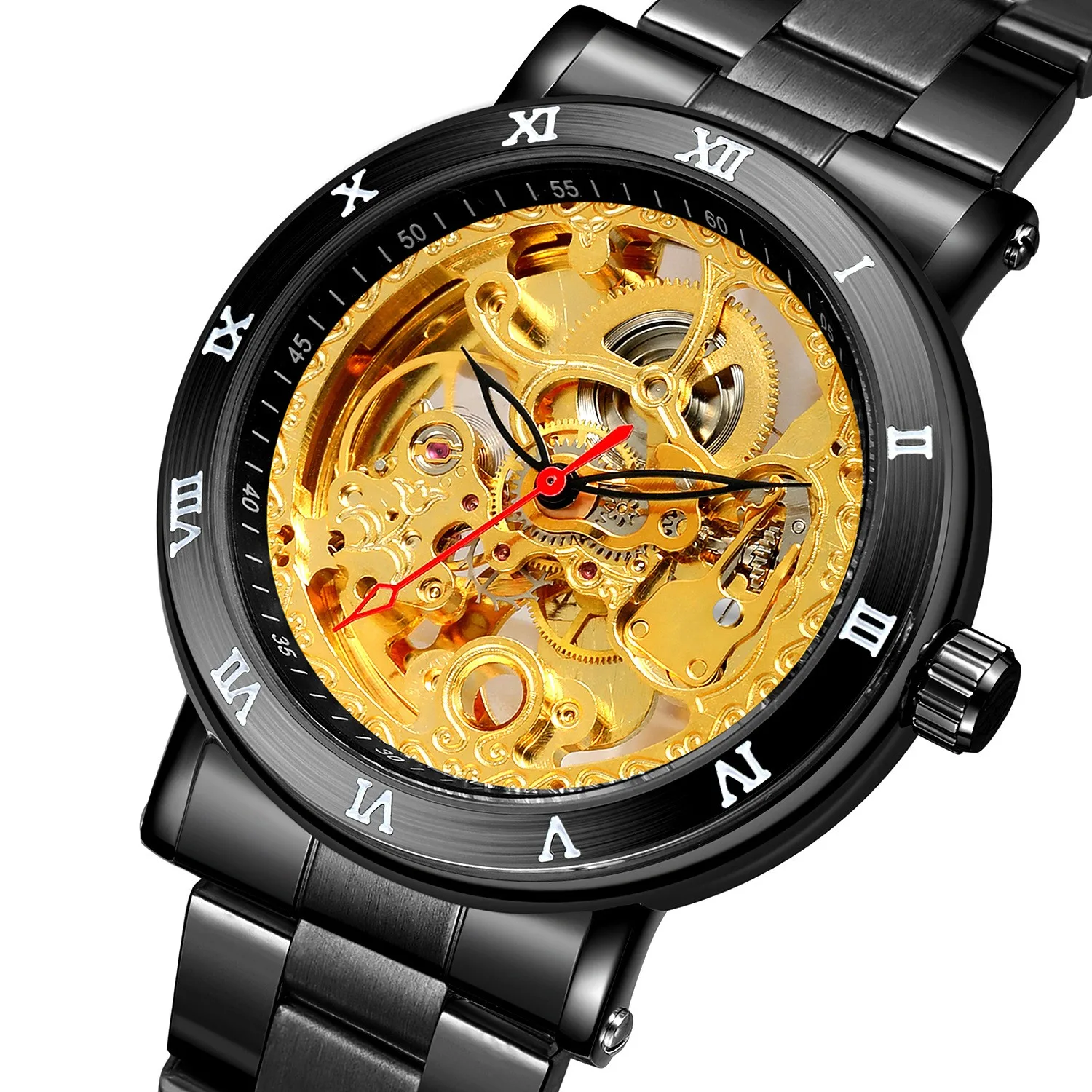 

Winner Top Brand Official Skeleton Mechanical Gold Man Watch Luxury Full Stainless Steel & Leather Elegant Dress Wrist Watches