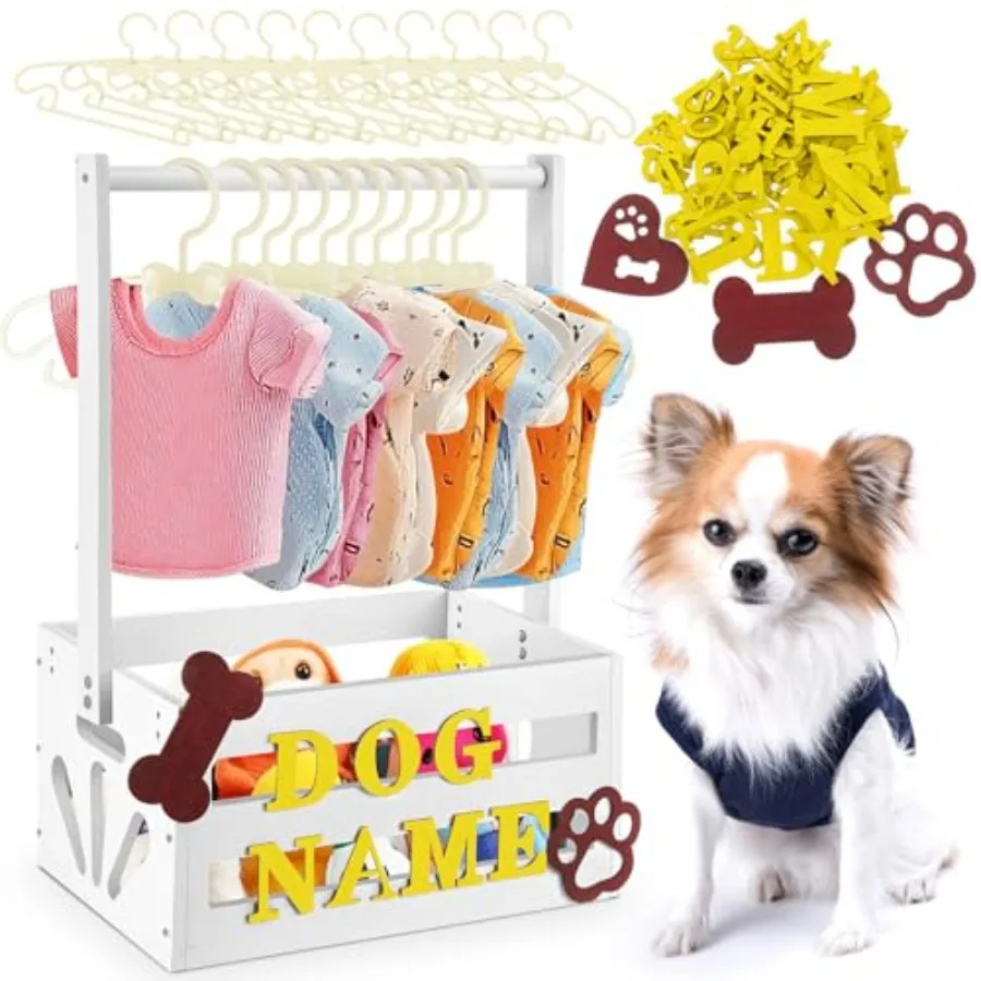 

20 x 13 x 9 Wooden Dog Closet Pet Wardrobe Crate Box with Hanging Rods and Personalized Alphabet Letters Easy Assembly Baskets