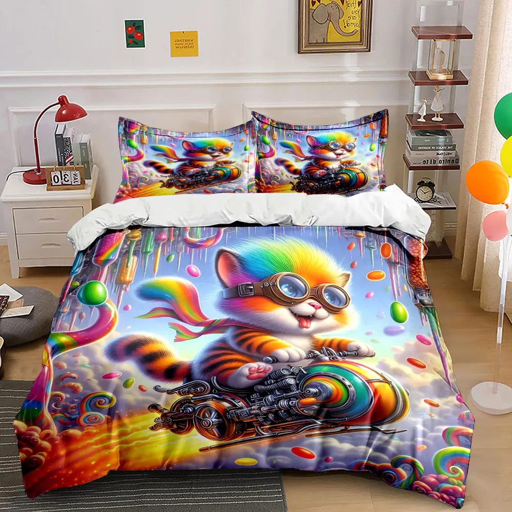 3Pcs Rainbow Candy Tabby Cat Flying Motorcycle Duvet Cover Set, Magical Sky Kids Bedding Single Double King Queen, Gift