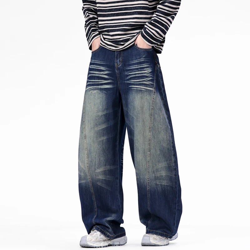 American Style Moustache Effect Washed Men's Boot Cut Jeans Thickened Loose Casual Vintage Denim Wide Leg Trousers