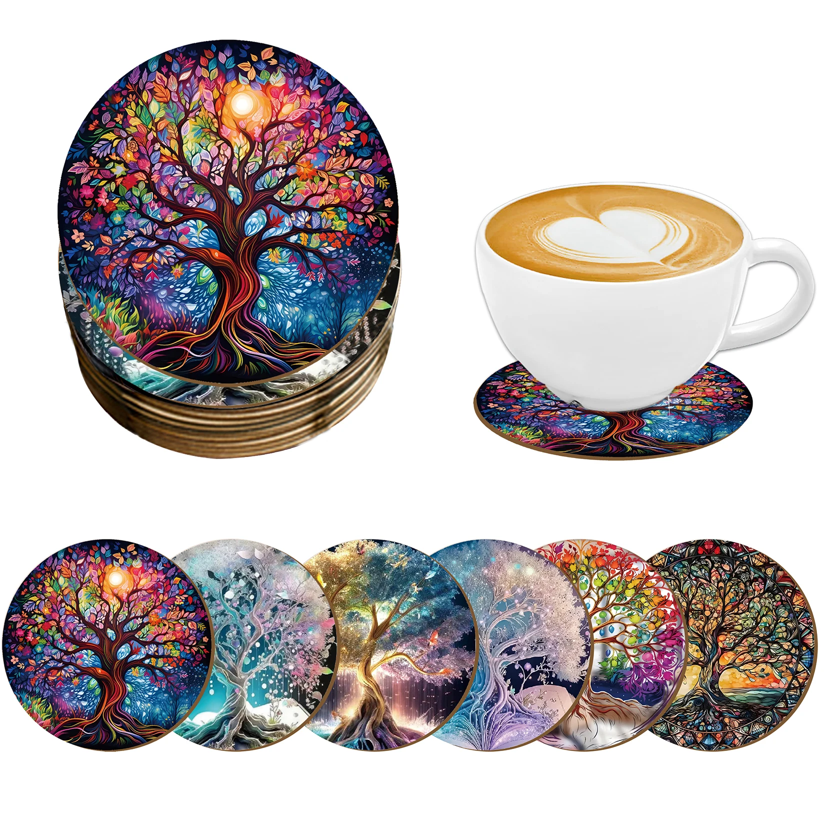 6 Sets of Artistic Painted Wooden Anti-Slip Coasters with Iridescent Tree Patterns, Suitable for Kitchen Decoration