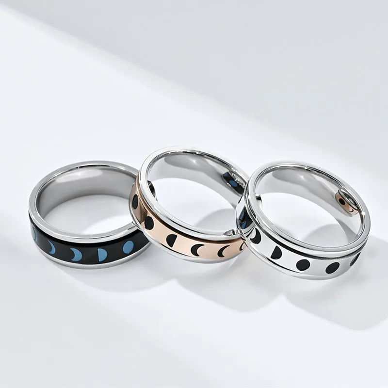 7mm Stainless Steel Crescent Moon Phase Spinner Ring Lunar Eclipse Jewelry for Women Men Size 6-11
