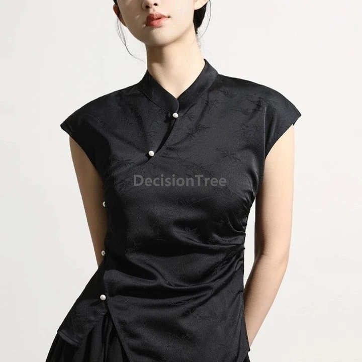 New improved chinese ethnic style cheongsam top elegant national solid color jacquard lady party slim blouse irregular split top