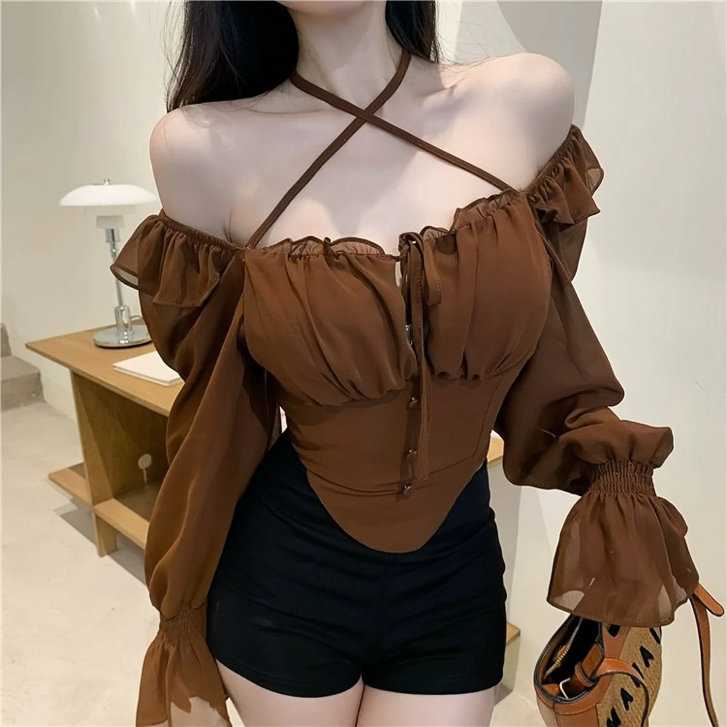 The New Style Temperament  Jacket  Sexy One Word  Shoulder Hang  Neck Thin Suntan  Jacket Short  Waist  Women\'s Shirt