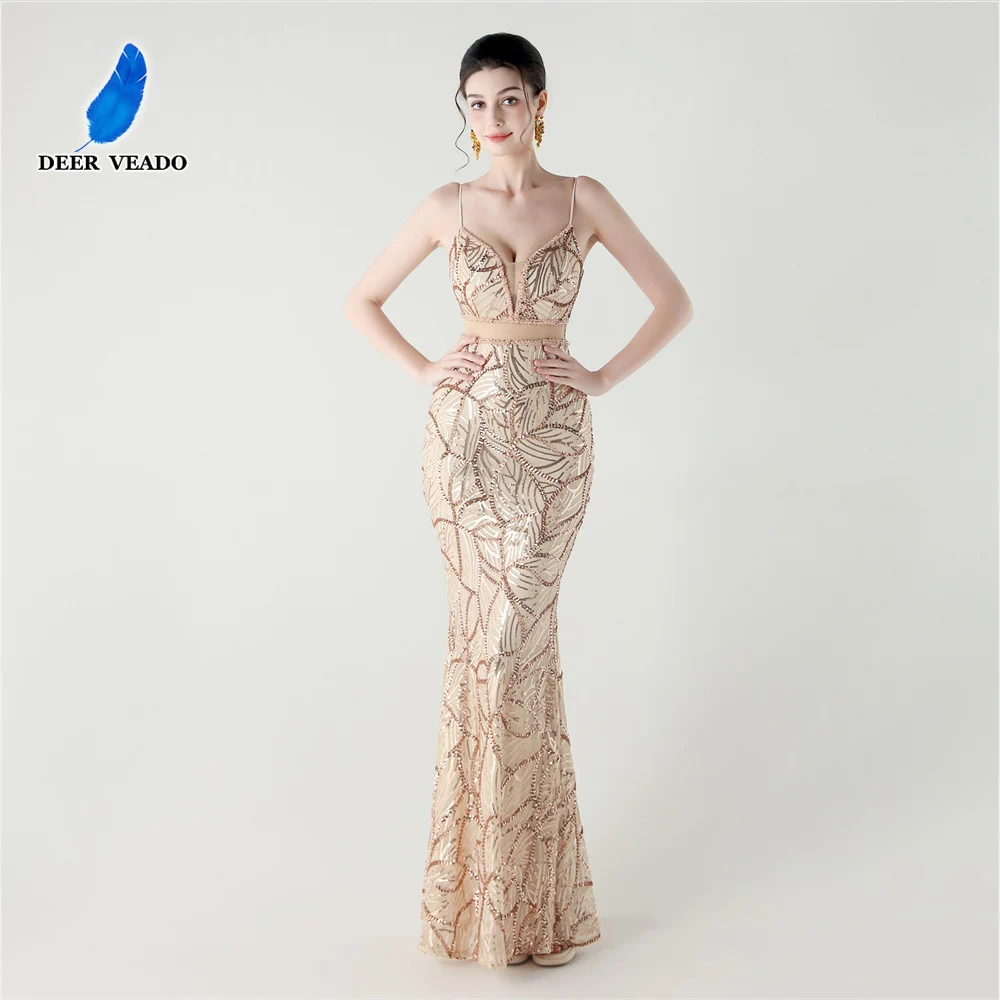 

DEERVEADO Mermaid Sequins Evening Dress for Woman Elegant Bandage Formal Occasion Dress Long Prom Party Dresses Evening Gowns