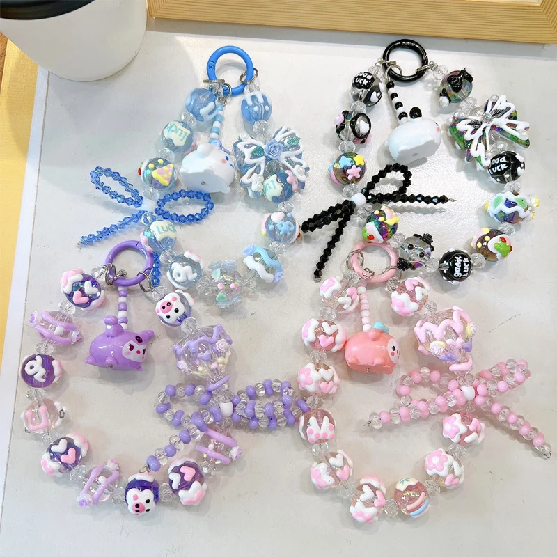 Kawaii Sanrio Kuromi Phone Chain W/Card Bowknot Beads Melody Cinnamoroll Charm Wrist Strap Earphone Case Pendant Bag Decor