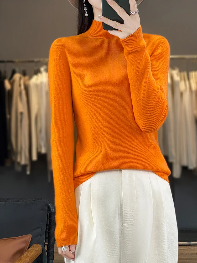 Women 100% merino Wool Sweater Autumn Winter Fashion Pile Collar Pullover Cashmere Knitwear Casual Long-sleeved Bottoming Tops