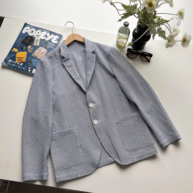 

Vintage Casual Blazers Men's Long Sleeve Single Breasted Pocket Suit Jacket Spring Summer Clothing Fashion Blue Outerwear