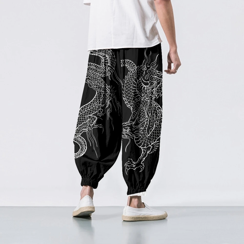 Anime Dragon Splicing Printed Fashion Beach Harem Pants Men Hip Hop Nine Points Trousers Boys Jogger Sweatpants