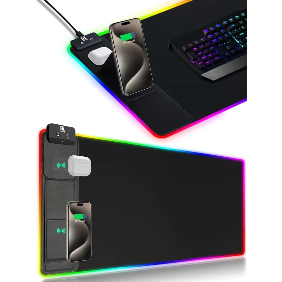 لوحة ماوس XXL مع حامل هاتف، حصيرة مكتب RGB سوداء مع شحن سريع 15 وات، لوحة ماوس ألعاب LED مع 11 لونًا فاتحًا مقاومة للماء N