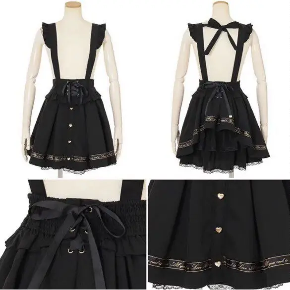 

Sweet Old Style Letter Print Suspenders Skirt with Ribbon Bowknot Design Lolita Style Fashion Set for Women Spring Season