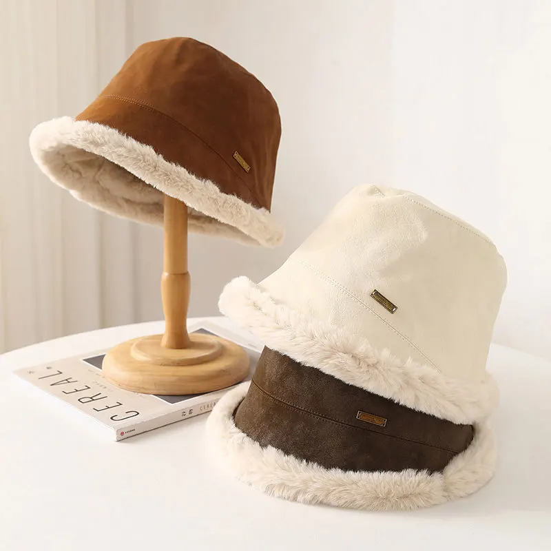 Herbst Winter Hüte Für Frauen Fischer Kappe Faux Pelz Warme Eimer Hut Koreanischen Stil Neue