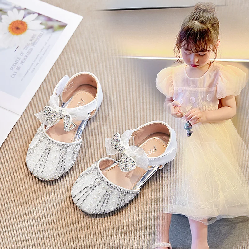 Girls' Princess Sandals 2024 summer new children's cute bow sparkling pearl rhinestones show shoes kids shoes  sandals for girls