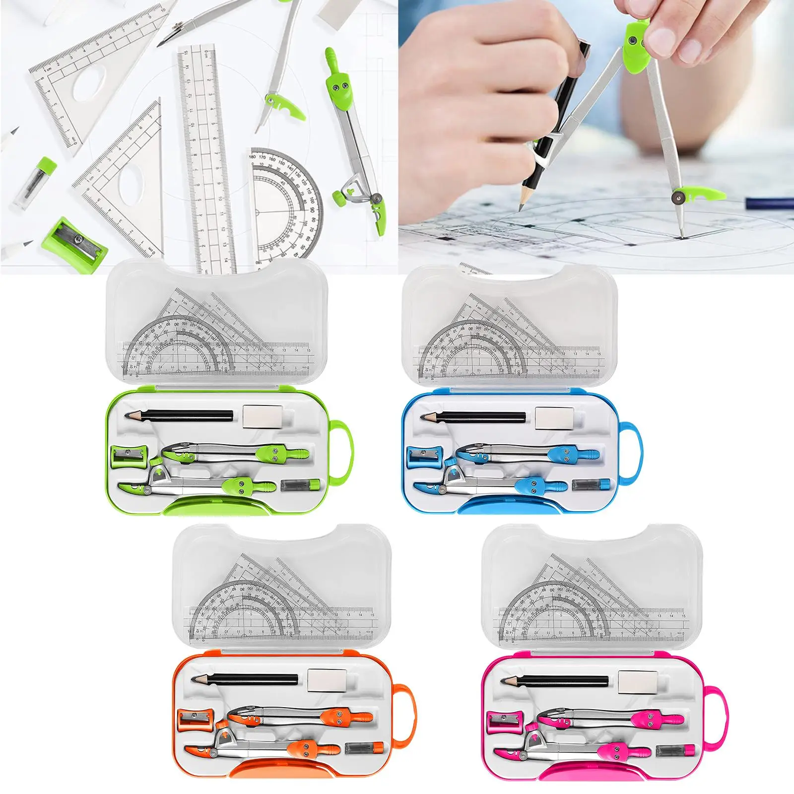 Math Geometry Kit Protractor Set Triangle Ruler Eraser Pencil Sharpener Home School Teachers