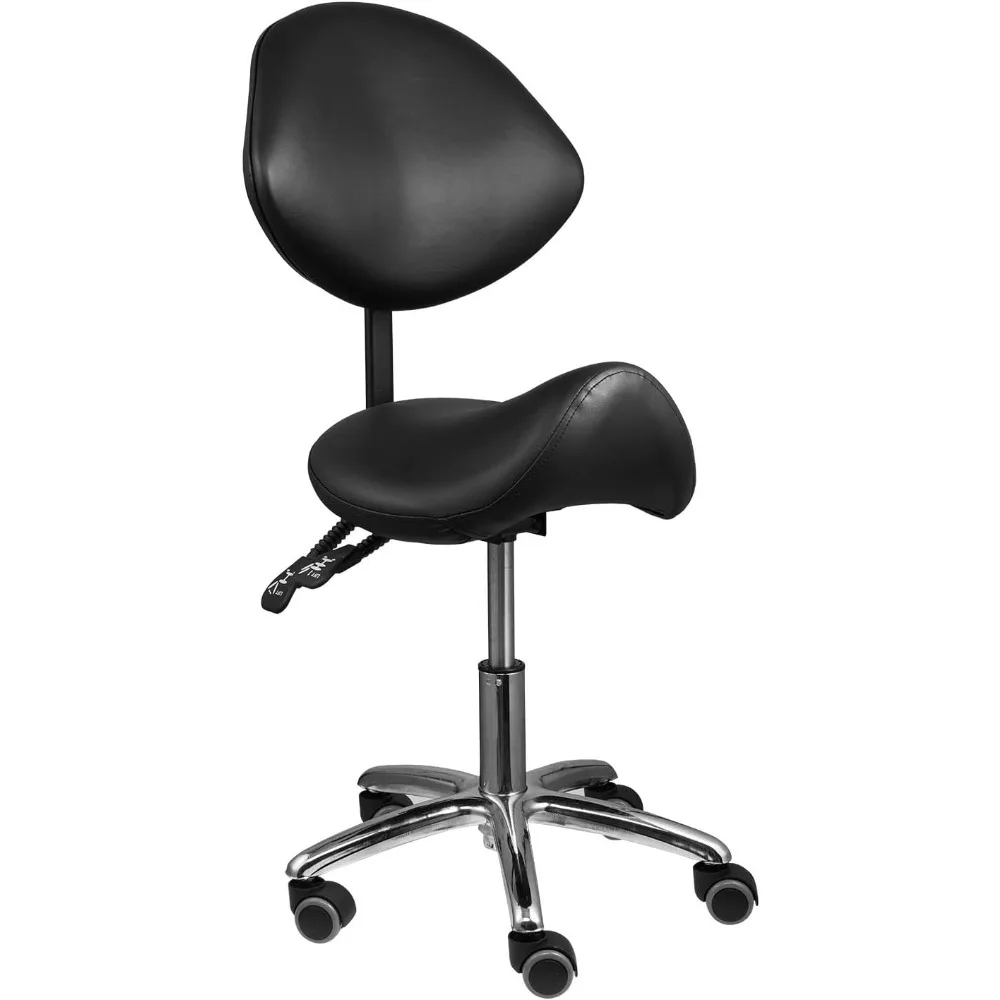 

Saddle Stool with Back Support, 450lbs Saddle Chair - Back Adjustable Salon Stool with Wheels, Swivel, Wide Thick Seat Padding,