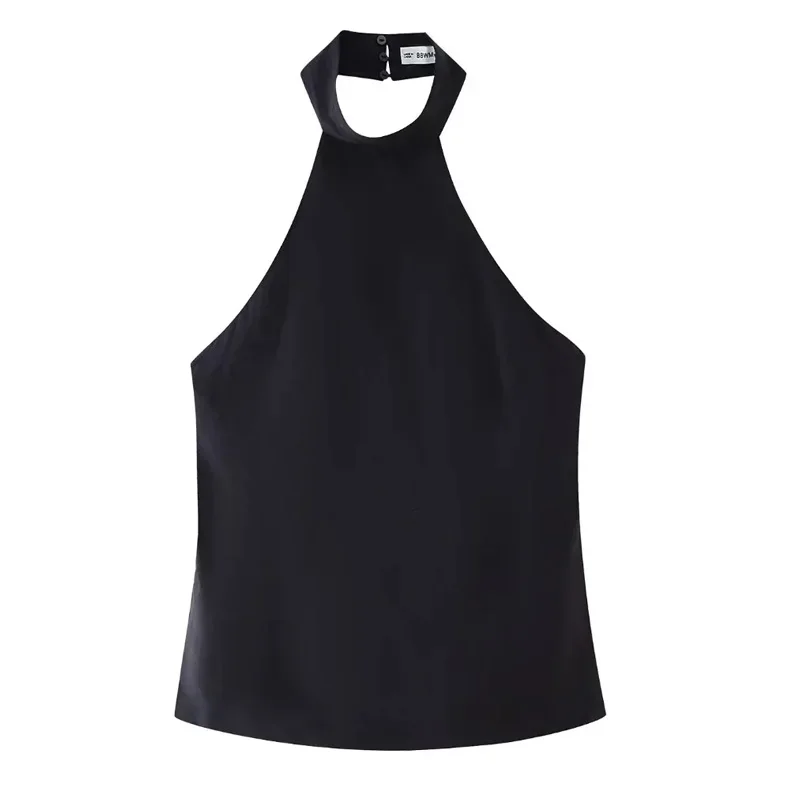 TRAF Halter Crop Tops Women 2024 Off Shoulder Black Tank Top Woman Summer Buckle Backless Top Sleeveless Short Tops Streetwear