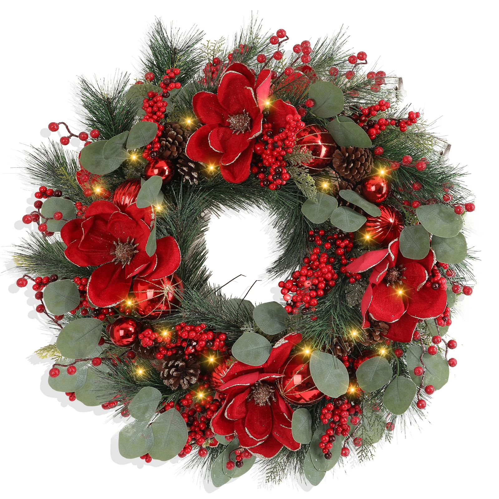 

24 Inch Artificial Christmas Wreath with Mixed Berries, Pinecones & Poinsettias Holiday Decor for Front Door, Outdoor, Indoor,