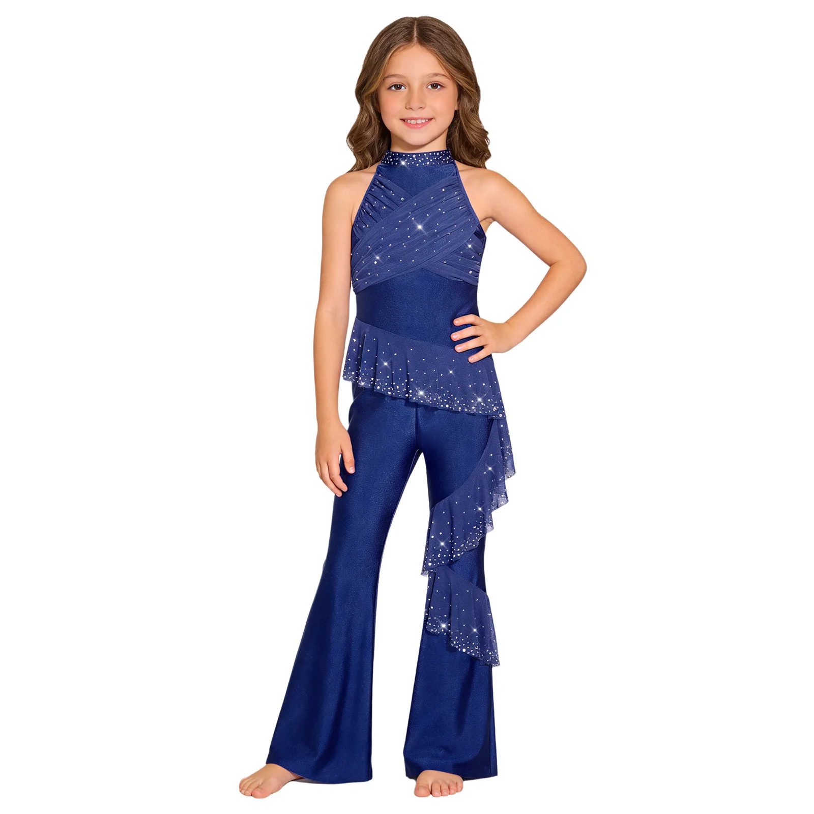 Kids Girls Sparkling Rhinestones Dance Jumpsuit Sleeveless Ruched Mesh Ruffles Bell-Bottom Bodysuit for Performance Dancewear