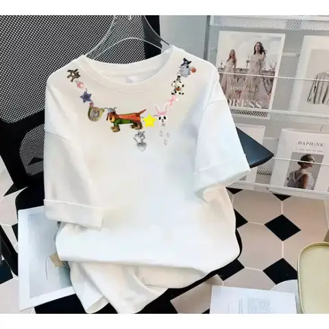 동물 목걸이 프린트 코튼 티셔츠 그래픽 스트리트웨어 스타일 반팔 트렌디 여름 라운드 넥 티셔츠