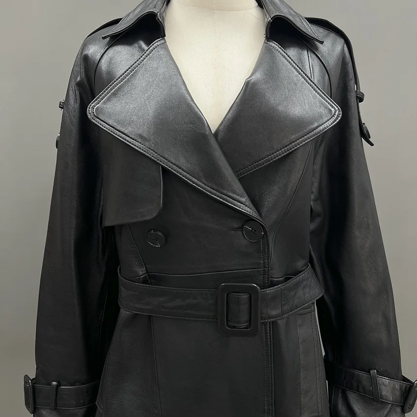 Femmes en cuir véritable manteau bureau dames en peau de mouton coupe-vent taille haute rétro décontracté huile cire moyenne longue veste JFB6-25005
