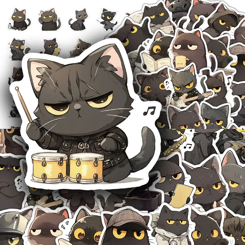 

10/63PCS Cute Black Cat Cartoon Kawaii Kitten Graffiti Stickers Glasses Box Suitcase Notebook Bicycle Decorative Toy Stickers