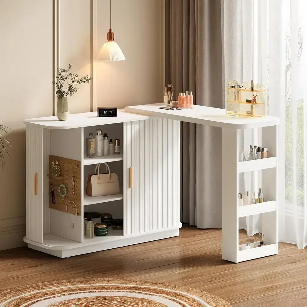 68 L-Shaped Vanity Desk with Folding Door, White Curved Makeup Table for Bedroom or Wood Dressing Area